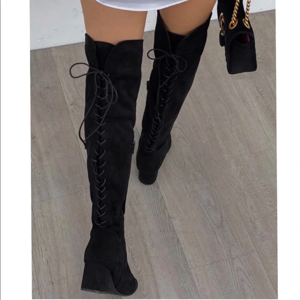 Black Over The Knee Chunky Low Heel
Lace Up Boots - Picture 1 of 11